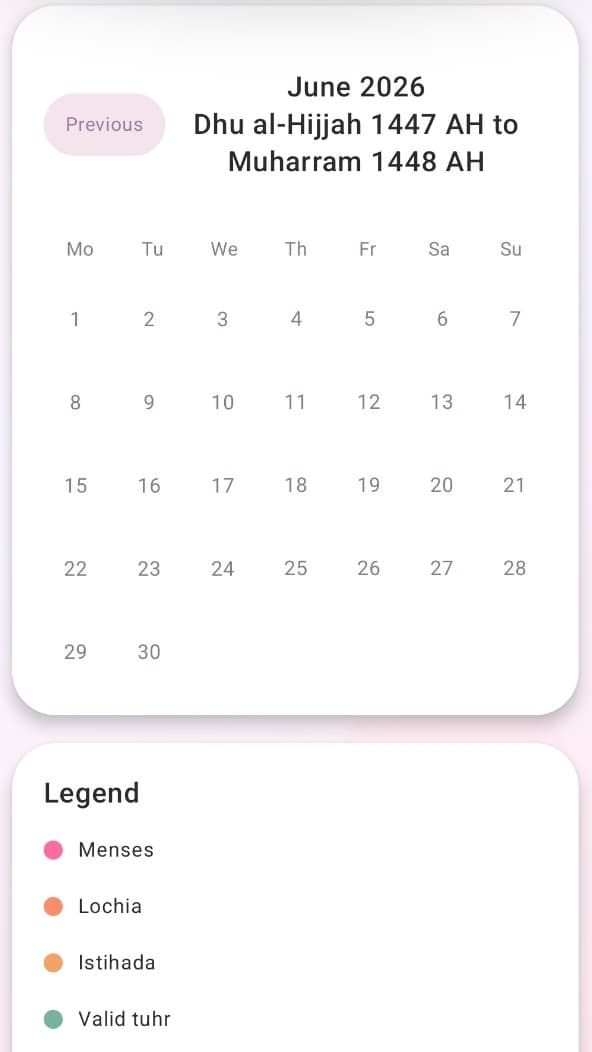 Ayyami cycle states calendar for June 2026, spanning Dhu al Hijjah 1447 to Muharram 1448, with a legend for menses, lochia, istihada and valid tuhr.
