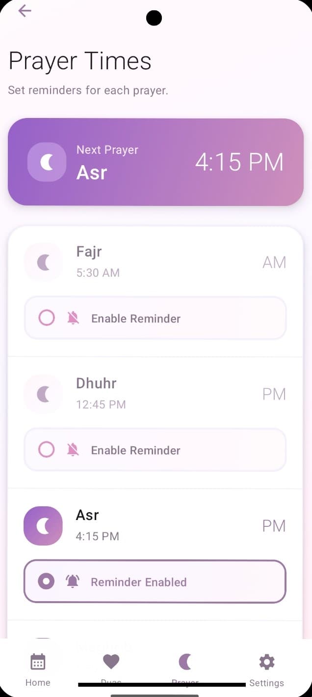 Ayyami prayer times screen with Asr set as the next prayer at 4:15 PM and reminders for each salah.